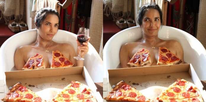 Padma Lakshmi Goes Topless for Pizza Party in Bathtub