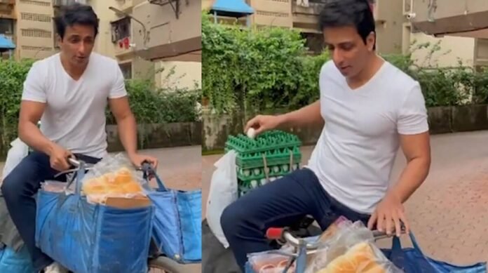 Sonu sood selling eggs and bread from sonu sood ki supermarket on a cycle