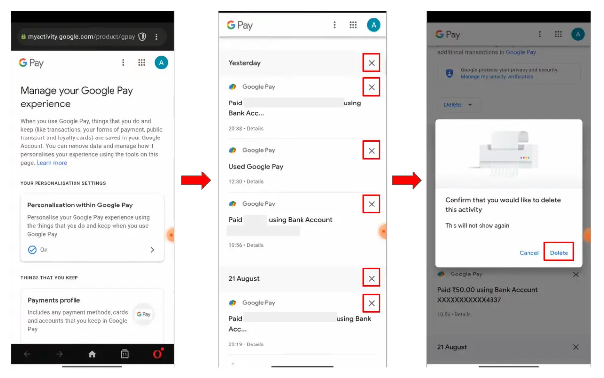 delete google pay transaction history