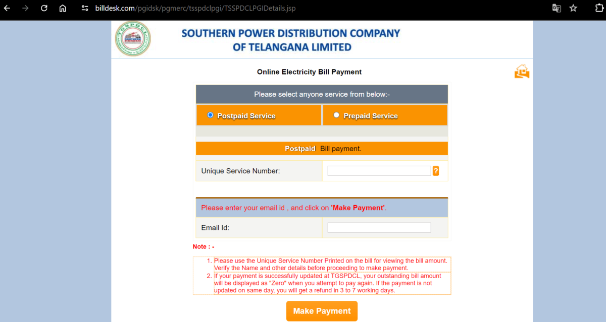 tsspdcl electricity bill online via bill desk